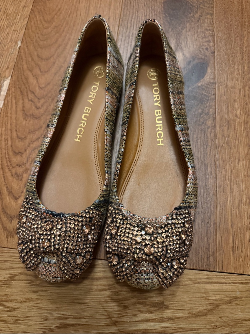 Tory Burch Rose Gold and Multicolor Crystal Tweed Ballet Flats size 7.5 EUC